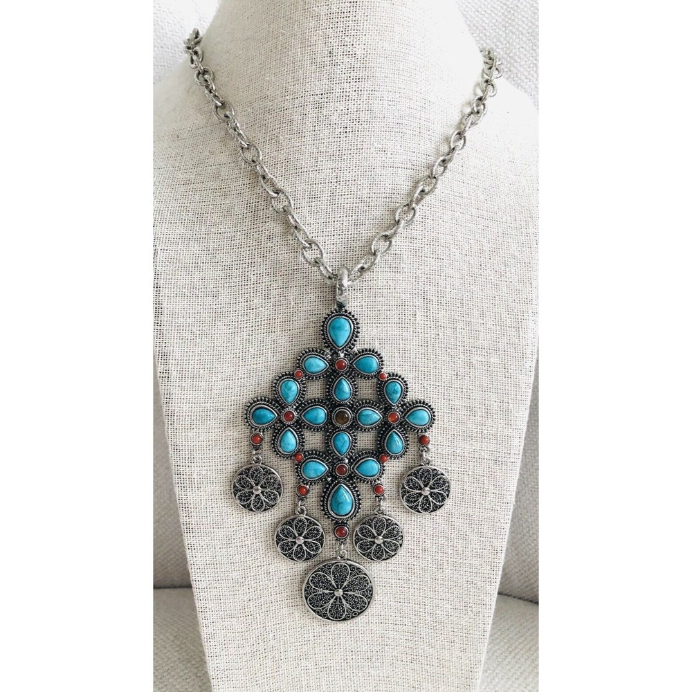 RJGraziano ~Long Southwest Necklace Faux Turquoise Pendant~Signed